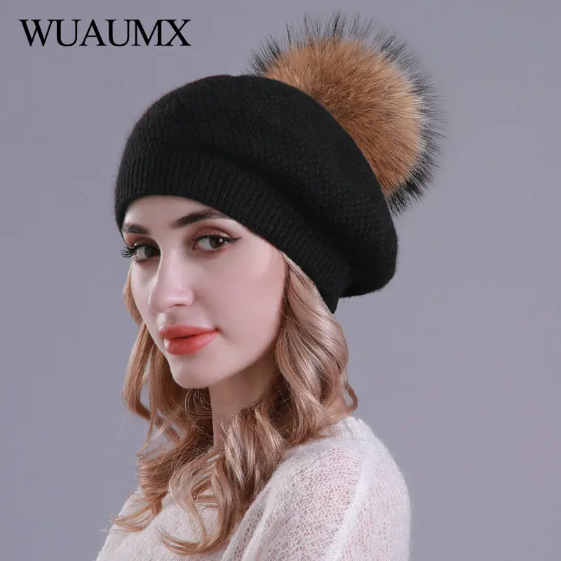 Wuaumx, модные зимние женские шапки, двойной слой, шерсть, вязаные шапочки, шапка, натуральный мех, помпон, шапки, теплые, Skullies, шапка для женщин