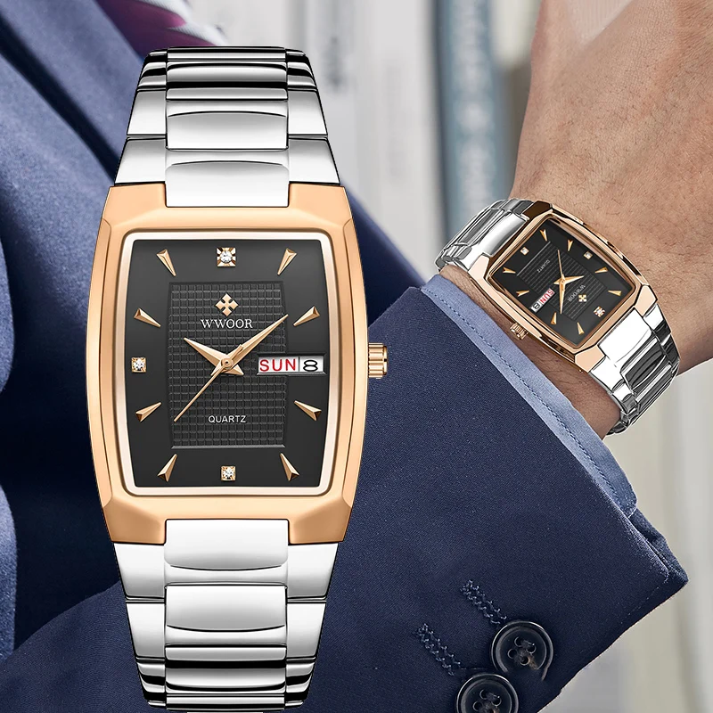 WWOOR 2021 New Top Brand Fashion Men Watch Rose Gold Square Quartz Stainless Steel Waterproof Calendar Wristwatches Reloj Hombre