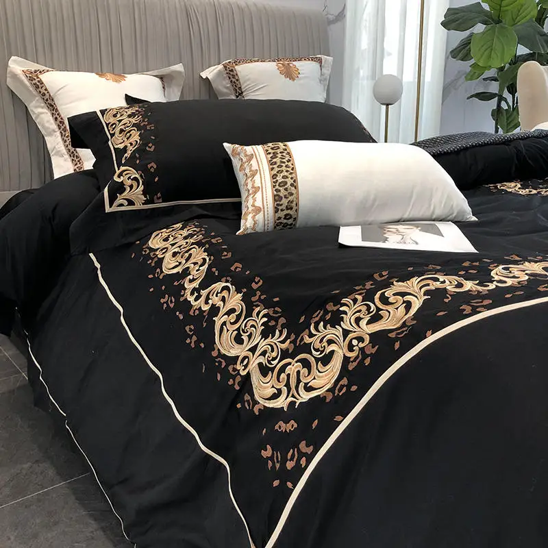 Роскошное постельное белье с вышивкой черный комплект постельного белья