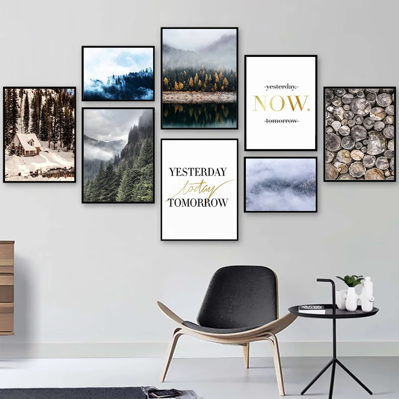 Foggy Forest Print Landscape Mountain Canvas Painting Green Nature Poster Wall Art Aerial View Pictures Scandinavian Decor |