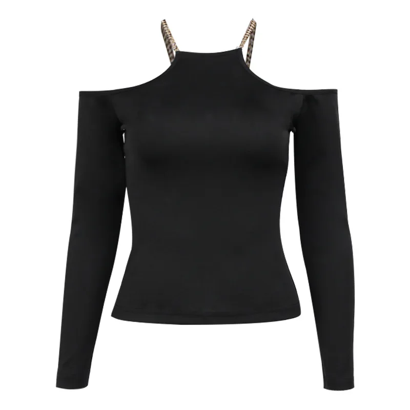 Женское трикотажное боди с открытыми плечами длинным рукавом и металлической