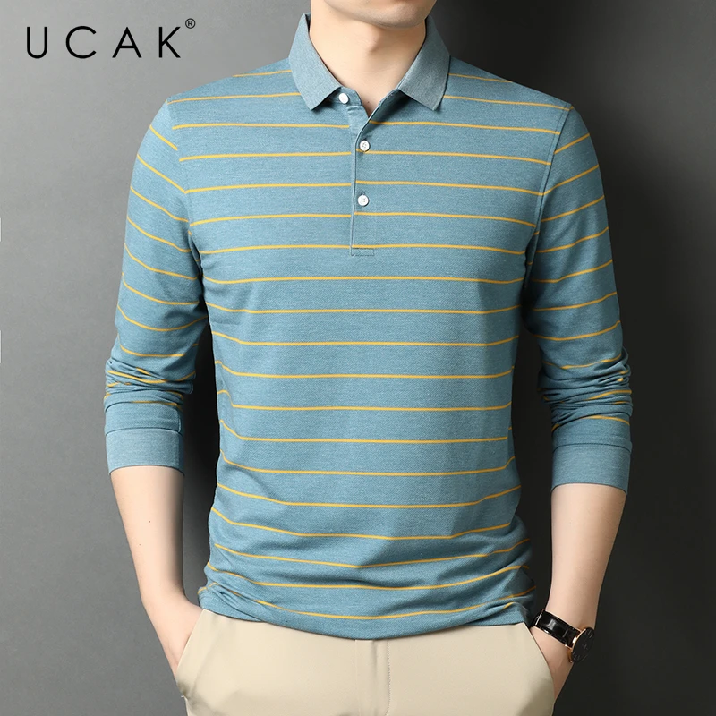 

UCAK Brand Classic Casual Turn-down Collar Striped T Shirt Men Clothes Autumn New Arrival Streetwear Long Sleeve T-Shirts U5719