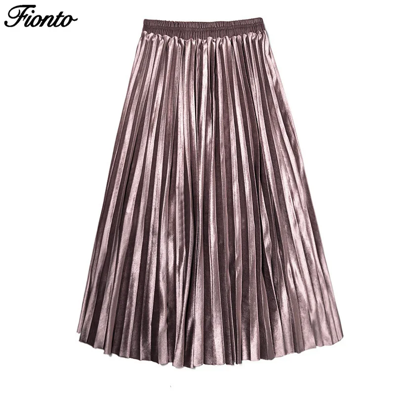 Осенне зимняя женская длинная Плиссированная Юбка FIONTO металлик серебристый цвет