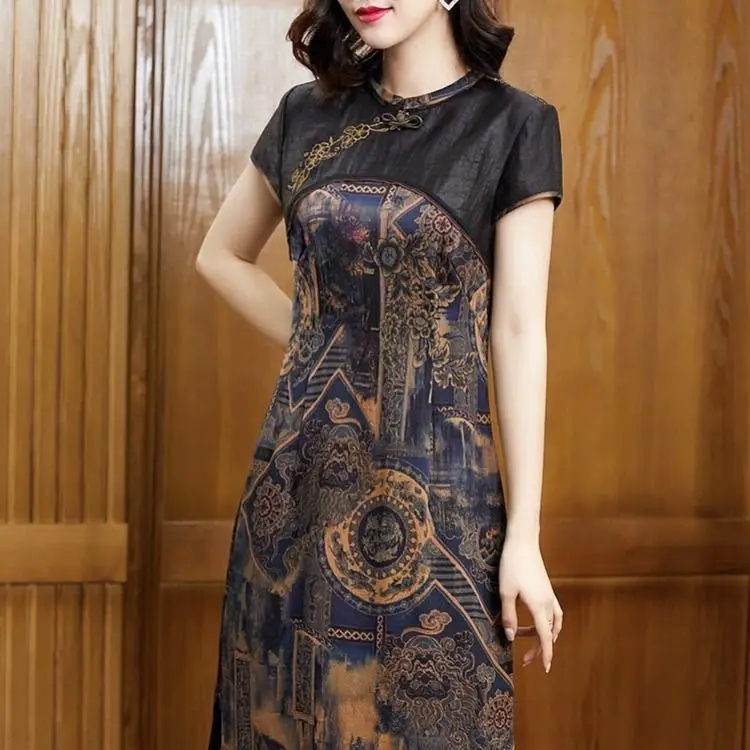 

2021 spring and summer new fashion print plus size dress temperament self-cultivation stitching Chinese style