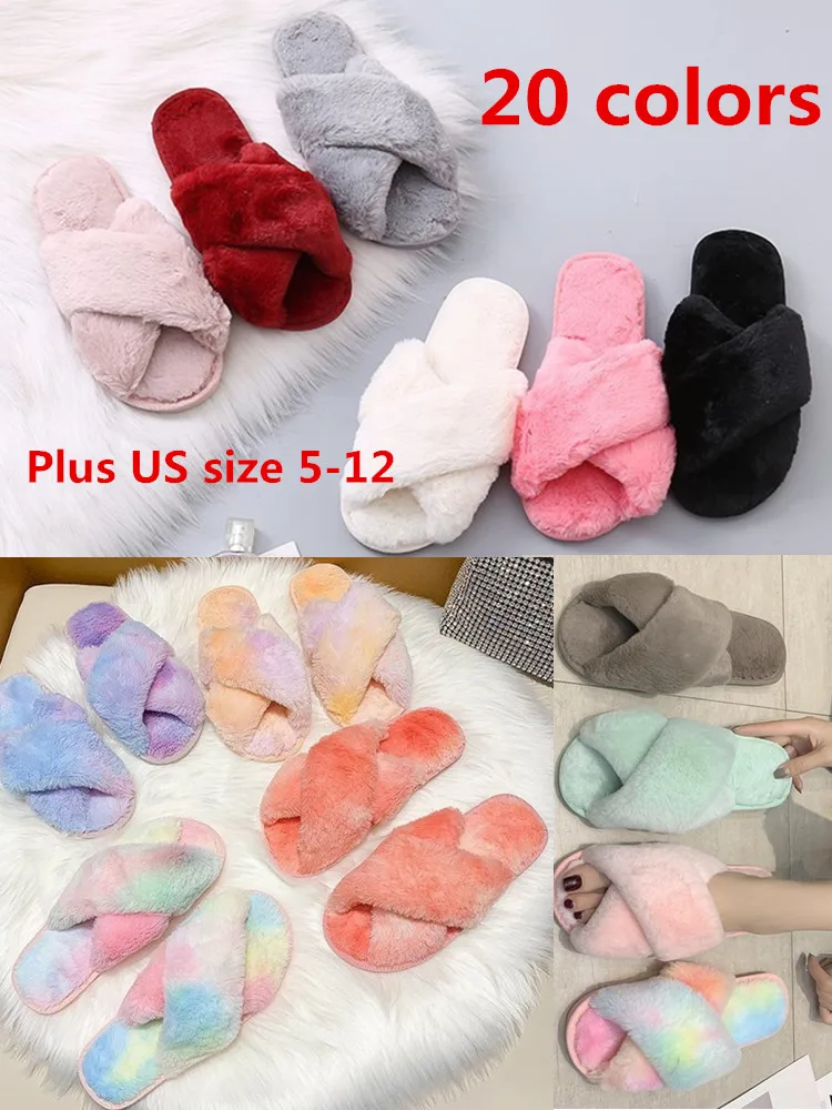 Dropshipping Winter Women Home Slippers with Faux Fur Fashion Ladies Warm Shoes Woman House Slippers Slip on Flats Female Slides