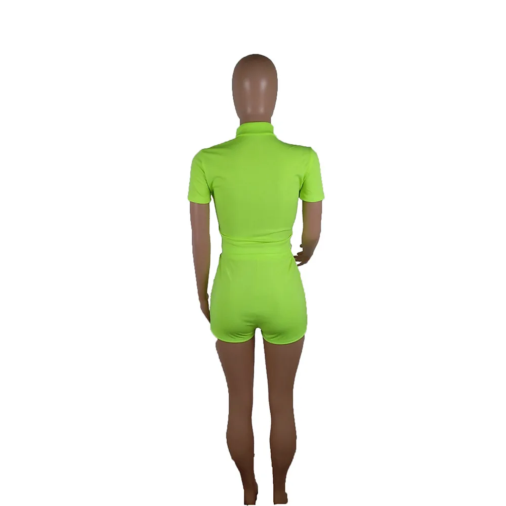 

Women Tracksuit Sexy 2 Piece Outfits Stand Collar Short Sleeve Crop Top And Biker Shorts Summer Two Piece Tracksuit