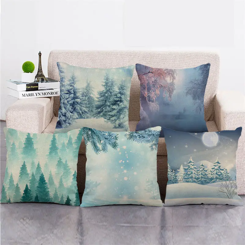 

Оптом 45 см * 45 см зимняя снежная сцена льняные/Хлопковые наволочки для диванной подушки Чехол
