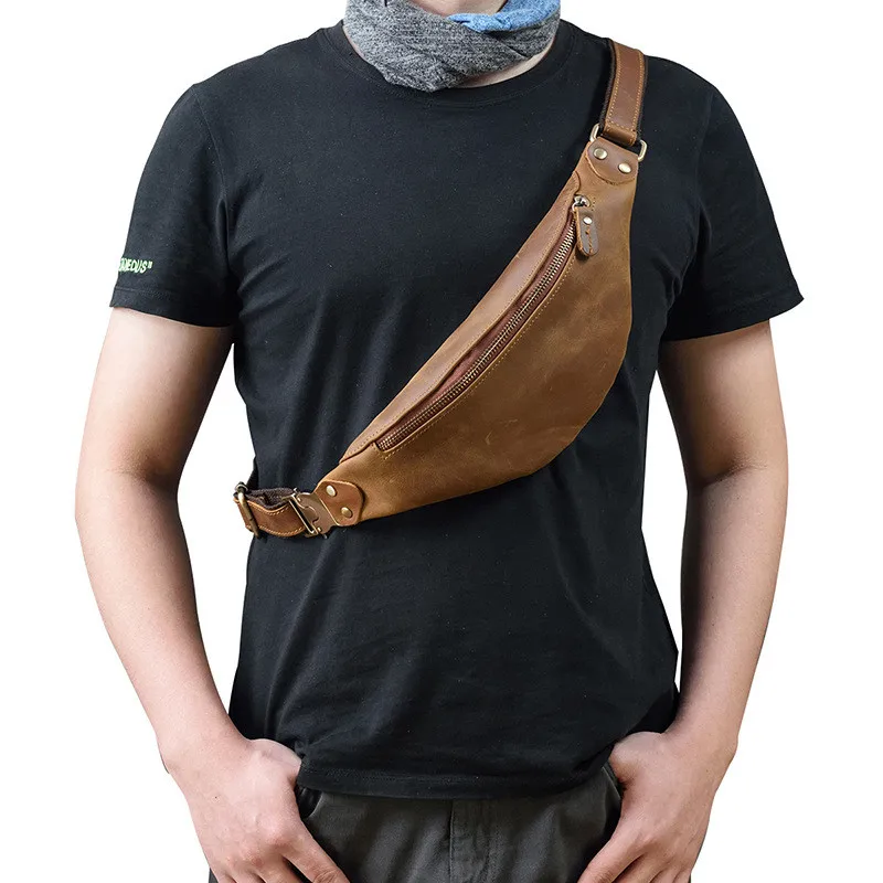 Vintage Genuine Crazy Horse Leather Men Waist Packs Travel Fanny Pack Belt Length Male Small Chest Bag For Phone Pouch |