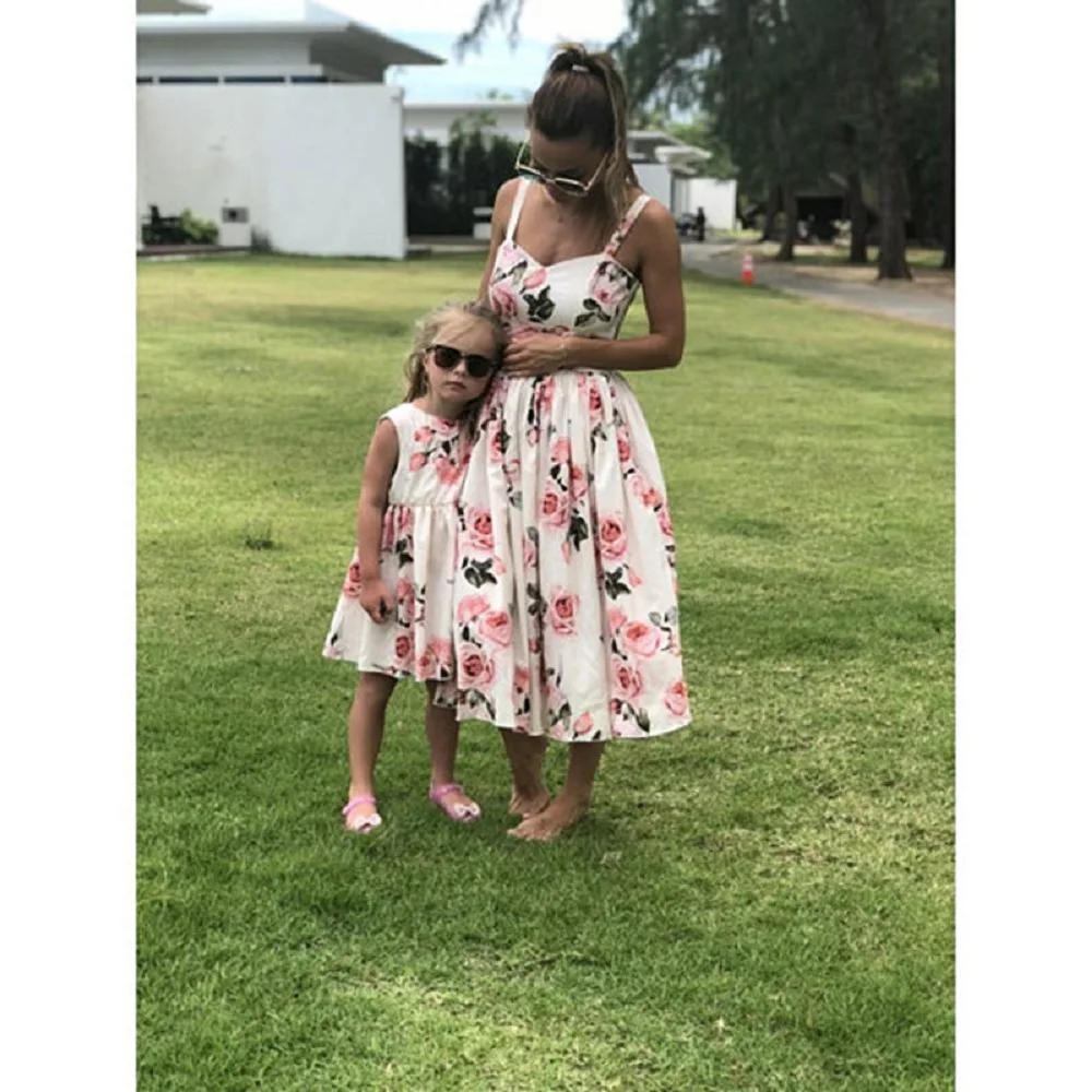 

Summer New Milk Silk Digital Printing Mid Waist Sexy Sling Sleeveless Parent-Child Strap Dress