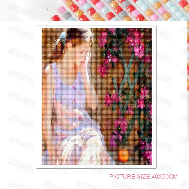 

Diy Diamond Painting Western Style Retro Manor Beautiful Garden Girl Holding Flowers Creative Realistic Oil Painting Poster