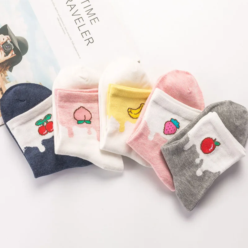 Носки женские 5 цветов Новые Мягкие хлопковые носки с фруктовым узором Веселые
