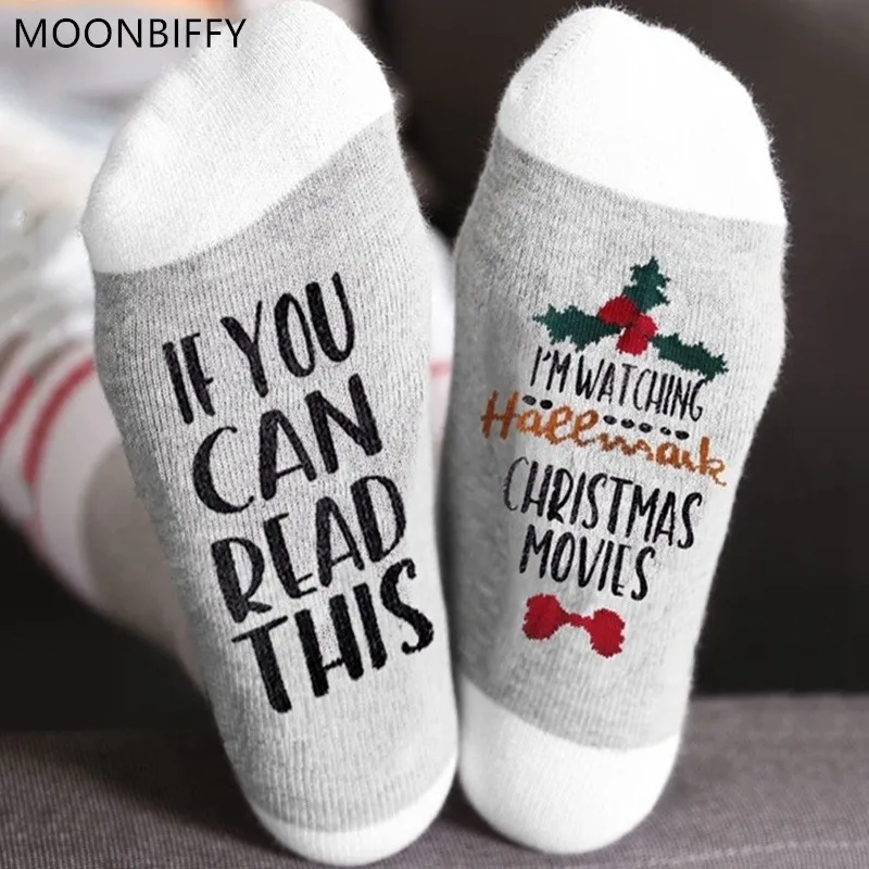 

Рождественские носки MOONBIFFY, если вы сможете это прочитать, я смотрю рождественские фильмы, носки для женщин и мужчин, осенне-зимние рождеств...