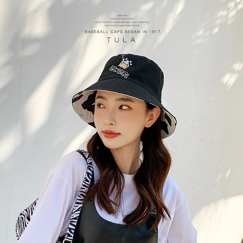 

Bucket Hats Spring and Autumn 2021 Double-sided Cotton Fisherman Hat Fashion Trend Cow Outdoor Sports Female Sunscreen Basin Hat