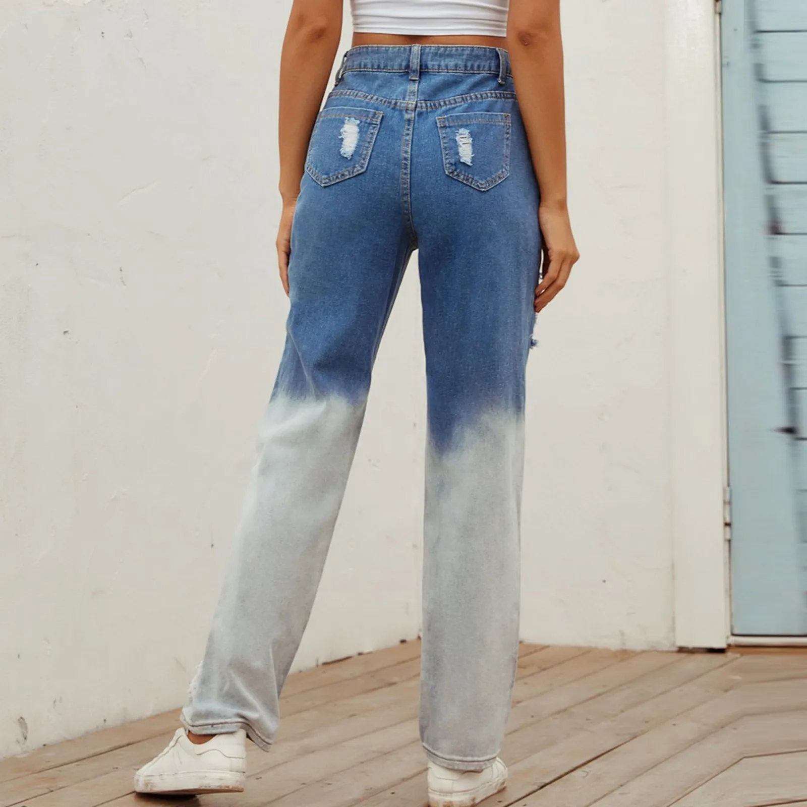 

Jaycosin Ladies Stitching Denim Wide-leg Pants Stitching High-waisted Slimming High Street Denim Wide-leg Pants