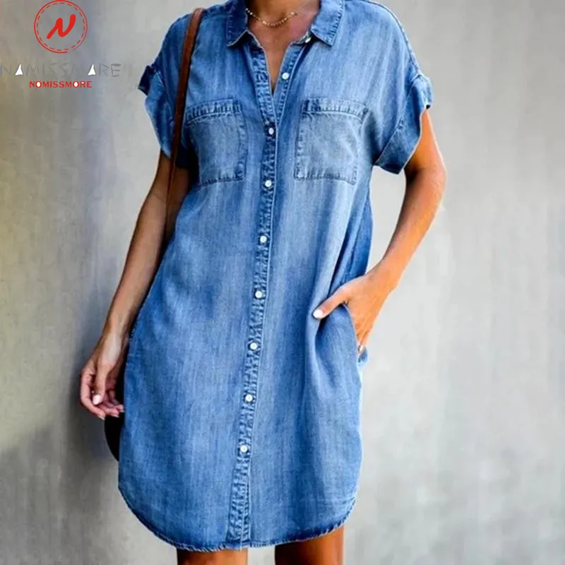 

Women Summer Solid Color Denim Dress Single-Breasted Design Pockets Decor Turn-down Collar Short Sleeve Casual Loose Dress