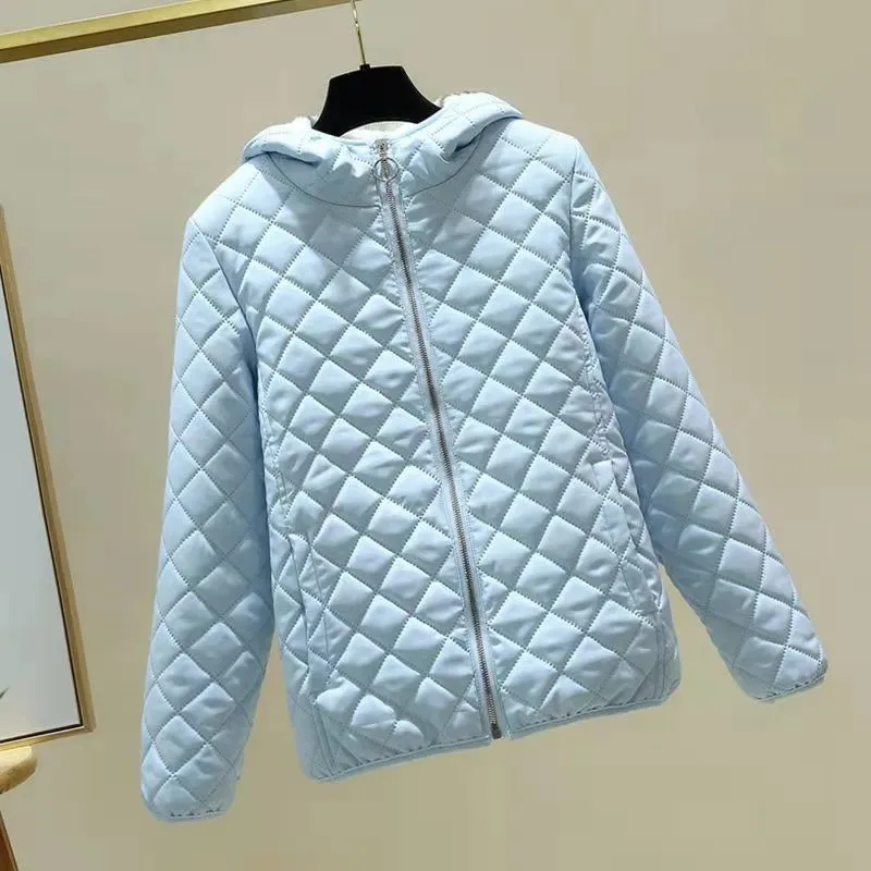 Winter Parker Cotton Clothes Female Solid Color Hooded Zipper Long Sleeve Pocket Thicken Warm Coat Simple Commuter Jacket ZM356