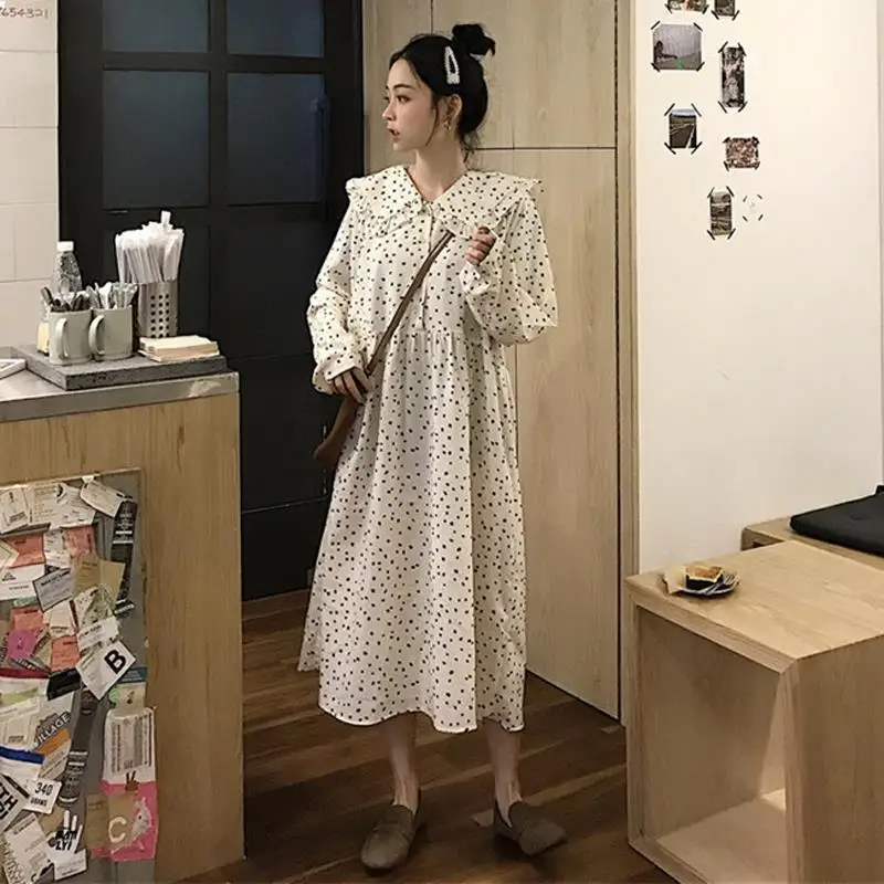 

Женское длинное платье в горошек, ТРАПЕЦИЕВИДНОЕ ПЛАТЬЕ-трапеция, элегантное модное повседневное Свободное платье в стиле ампир, Осень-зим...