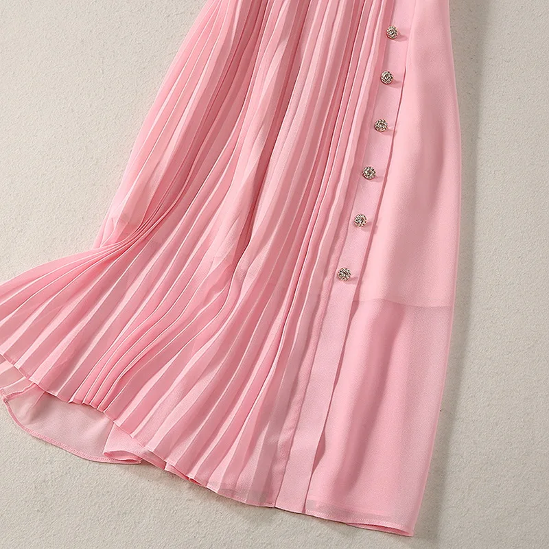 

High Quality Chiffon Dress 2020 Summer Style Women Crystal Beading Button Deco Short Sleeve Mid-Calf Length Pleated Dress Pink