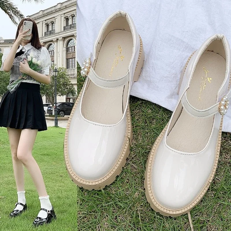 

2021 new Mary Jane small leather shoes women's pearl shoes loafers round toe mid-heel thick heel patent leather single shoes