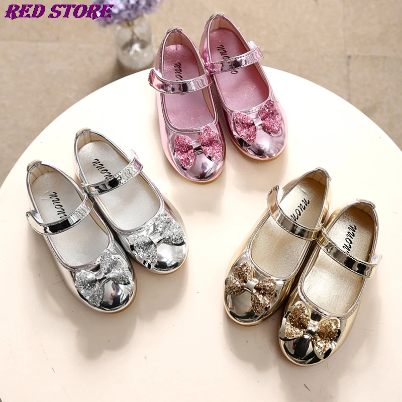 

Girls Party Shoes Gold Silver Princess Shoes Pu Leather Big Girls Shoes For Kids Children Fashion Bow Know Sandals 1-12 MCH104