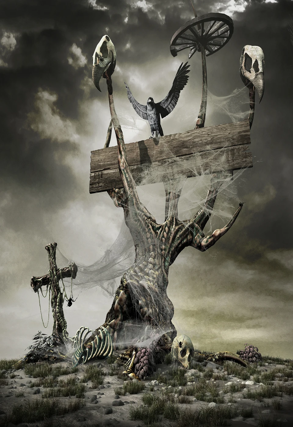 Каписко Хэллоуин вечерние фоны Скелет мертвое дерево ворона ужас ночь