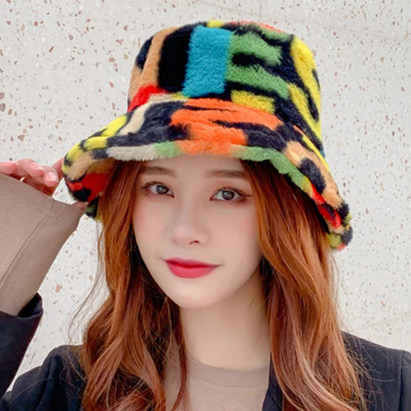 

Women Winter Thicken Warm Fuzzy Plush Bucket Hat Casual Colorful Alphabet Letters Print Harajuku Outdoor Packable Fisherman Cap
