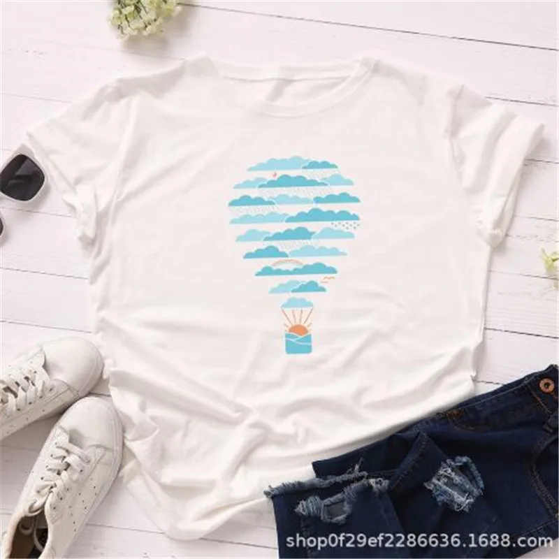 

Summer Cotton Women T Shirt S-5XL Plus Size Fashion Cute Weather Hot Air Balloon Casual O Neck Female Basic Tshirt Tees Tops