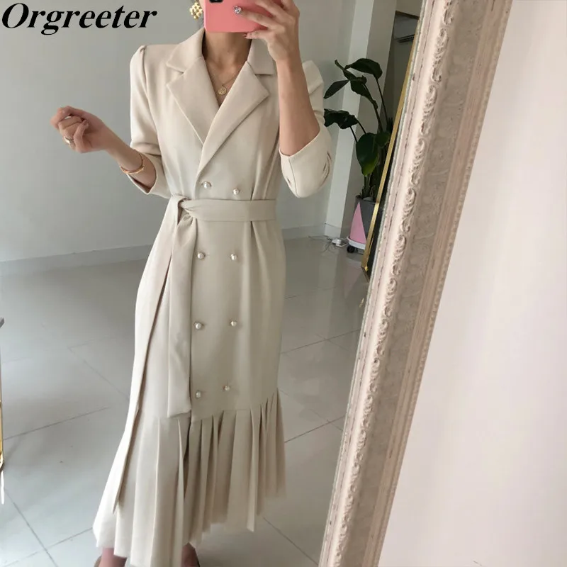 

Vestidos Elegantes Para Mujer 2021 Fall Winter New Korean OL Long Blazer Dresses Women Double-breasted Belted Pleated Mid Dress