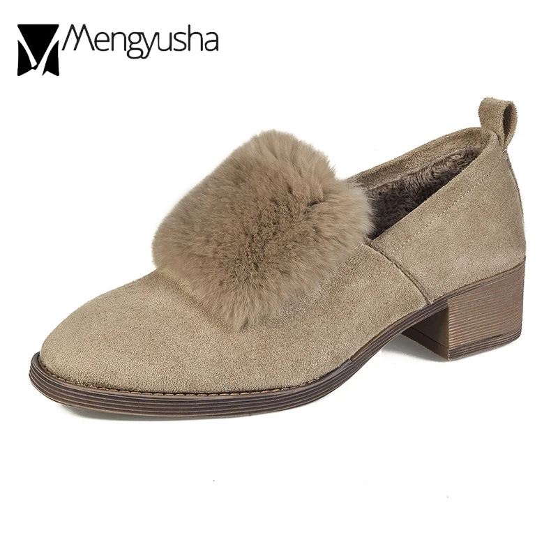 Зимние Туфли-оксфорды с кроличьим мехом женские туфли на плоской подошве Меховые