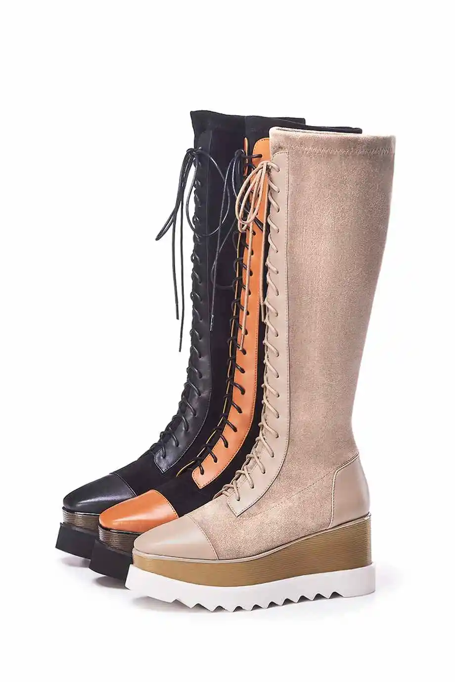 

Lenkisen preppy style lace up flock high heels square toe thick bottom mixed colors waterproof winter women knee high boots L18
