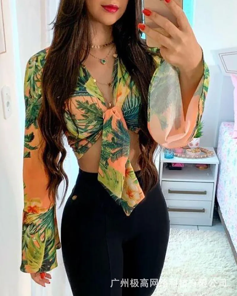 

Ladies V-neck print top, new fashion beach style top T-shirt, women tropical print lace-up casual top