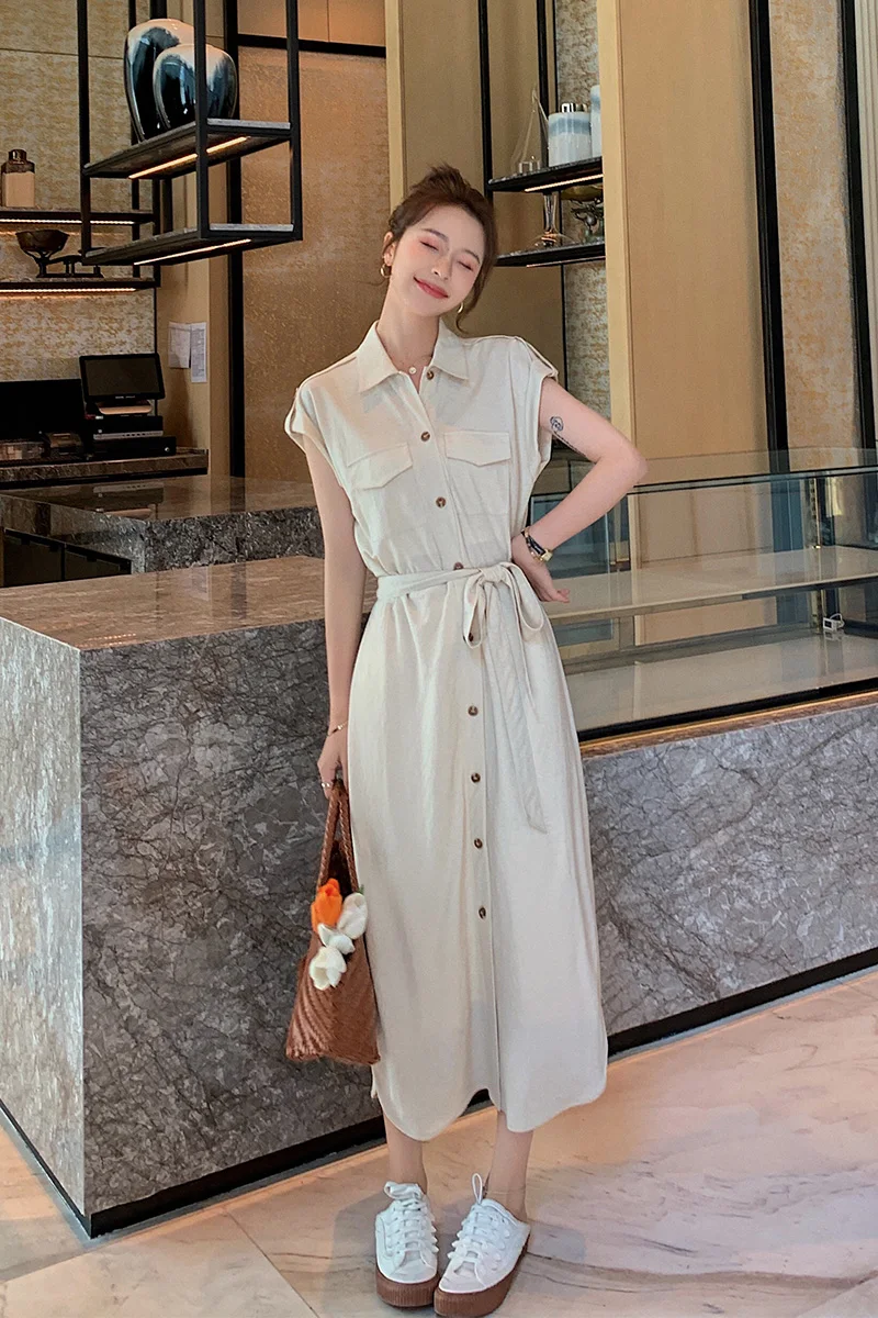 

2021 Summer Women Sleeveless Slim Single Breasted Casual Solid Color Long Bandage Dress Ladies Elegant Straight Shirt Dresses