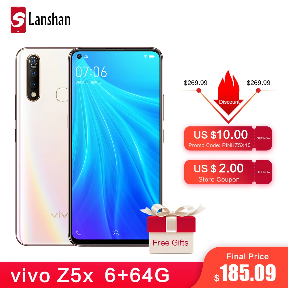 Vivo Z5x мобильный телефон celular 6,5" экран 8G 128G Snapdragon710 Восьмиядерный Android 9 5000 мАч большая батарея Быстрая зарядка смартфон