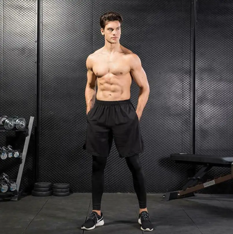 

Men 2IN1 Fitness Workout Running Pants Compression Leggings Base Layer Quick Dry Tights Fake Two Piece Training Stretch Trousers