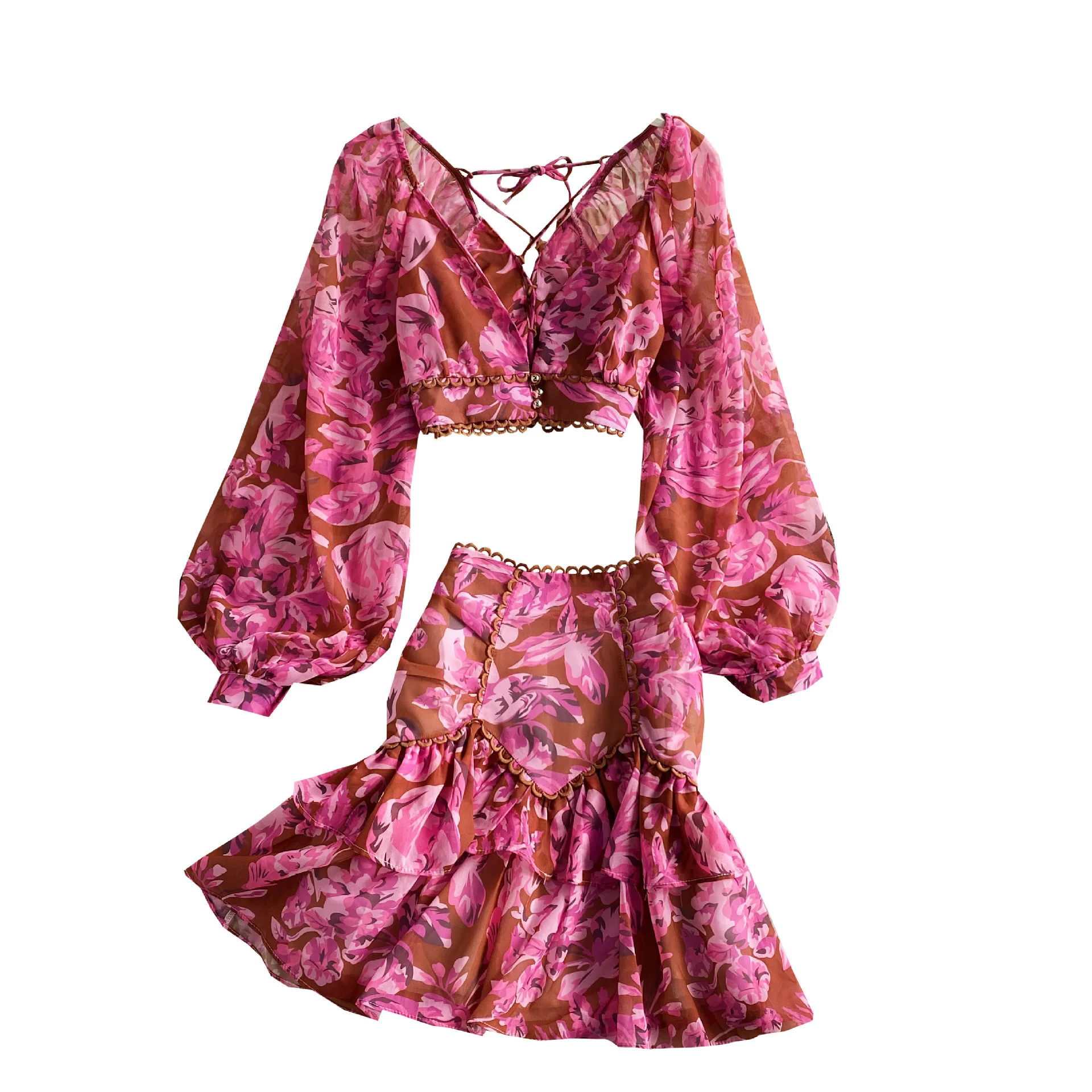 

2021 Chiffon Women's Summer Dress Sets Vacation Style Printed Lantern Sleeve Camisole Trumpet Skirts Two-piece New Casual Sets