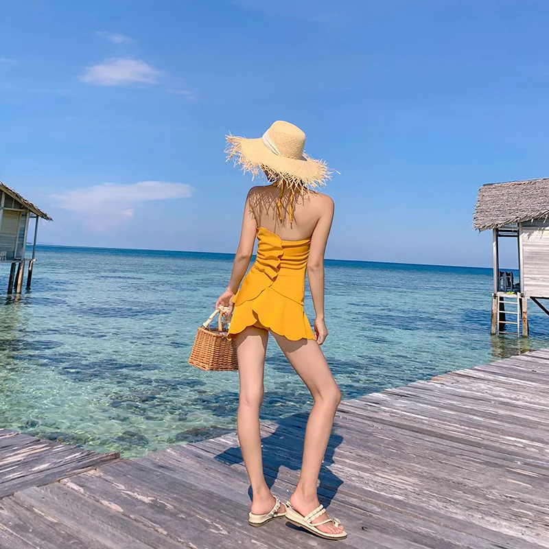 

Swimsuit Woman One Piece Monokini Push Up Swimsuits 2019 Solid Contracted Falbala Women Polyester Swimsuit Fused