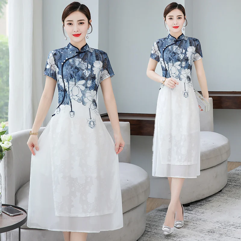 Женское платье в китайском стиле длинное летнее с коротким рукавом улучшенное