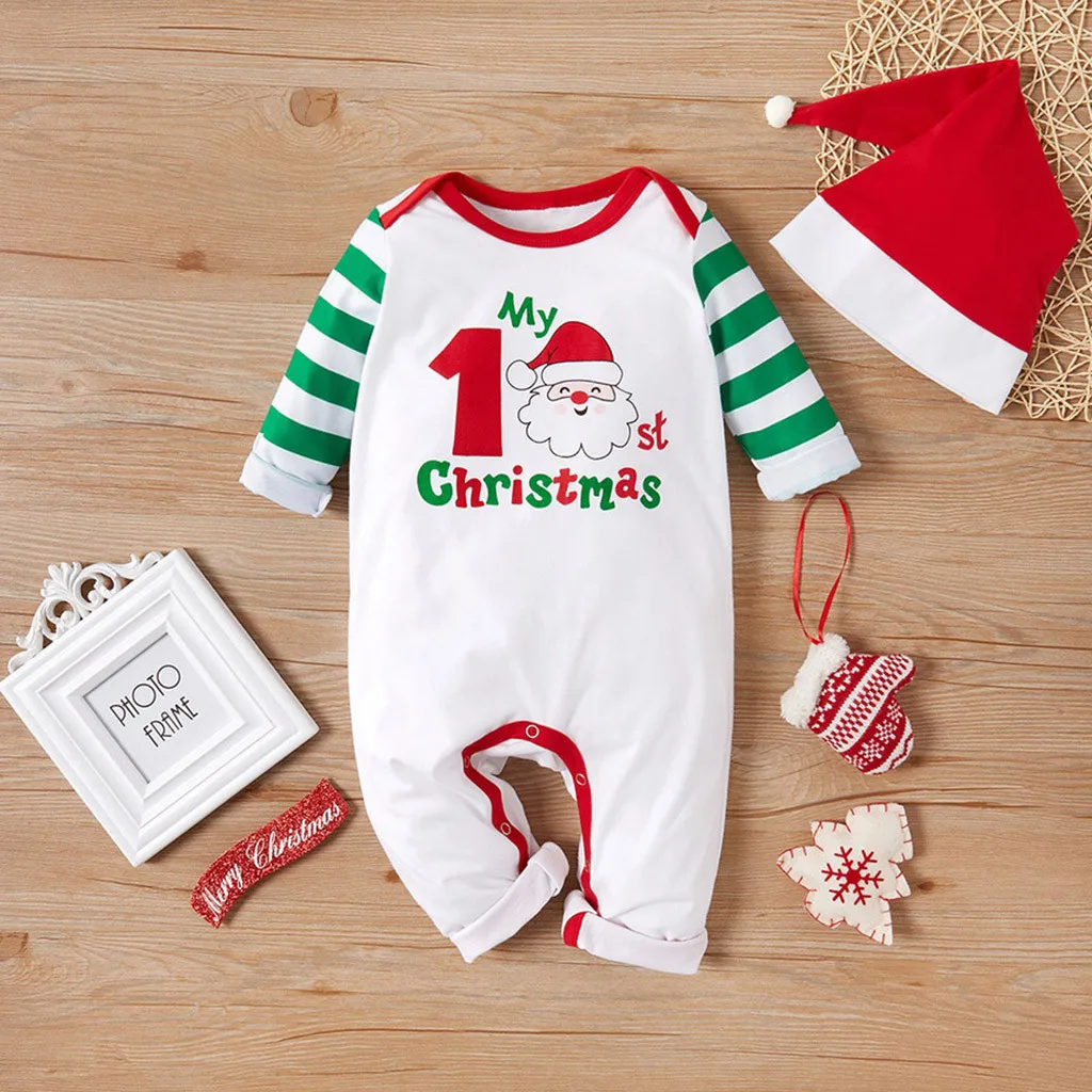 

Baby Clothes Lovely Kids Baby Boy Girl Cartoon Santa Striped Romper Hat Outfits Set Newborn Autumn Clothing комплек одежд