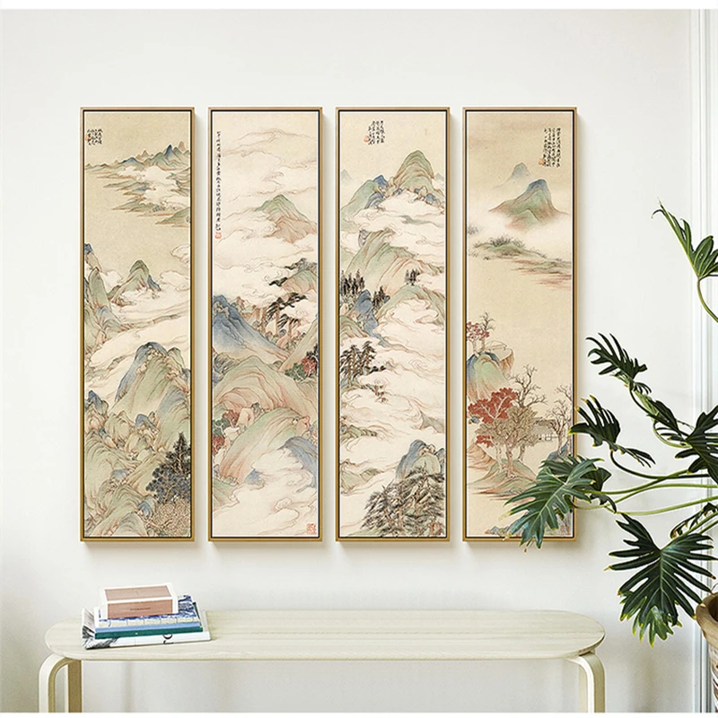 

Ancient Chinese Style Landscape Mountain Office Decorative Poster Wall Art Canvas Painting Picture Print Living Room Home Decor