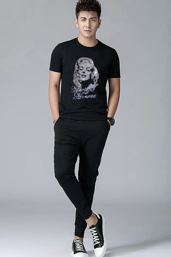 

Harajuku Unisex Drilling Marilyn Monroe T-shirts O-Neck Beading Tees Sequins Short-sleeved Cotton Blended Crop Tops 2020