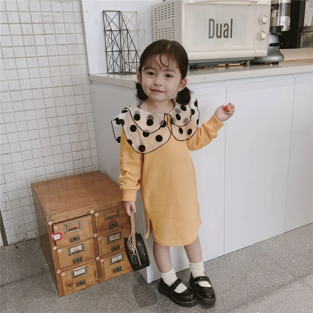 Милое Платье для девочек осеннее платье с воротником в виде листьев лотоса