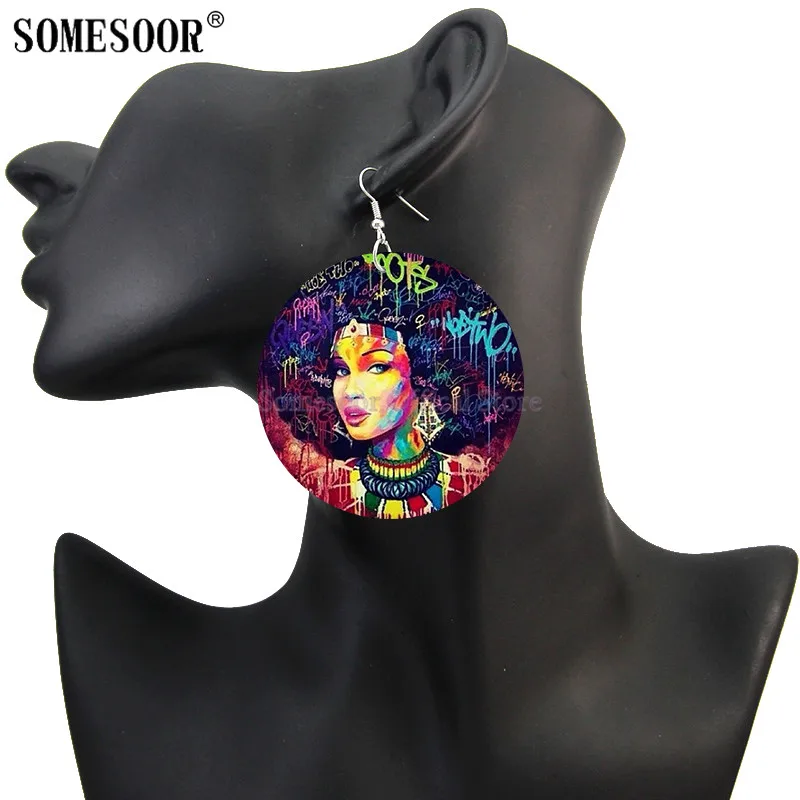 SOMESOOR Printed Diva Comic Afro Queen Wooden Drop Earrings African Natural Hair Graffiti Art Design Dangle Jewelry For Women | Украшения и