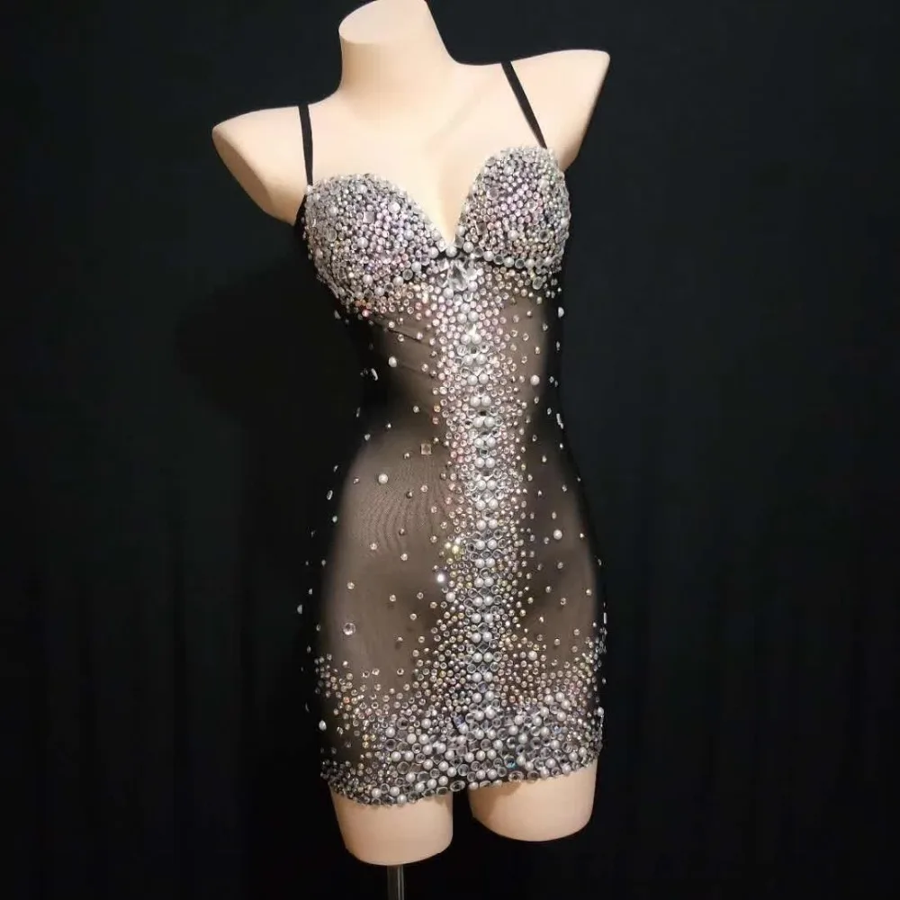 

Sparkly Summer Women Black Sleeveless See Through Mini Evening Party Dress 2021 Birthday Celebrity Prom Female Singer Stage Wear