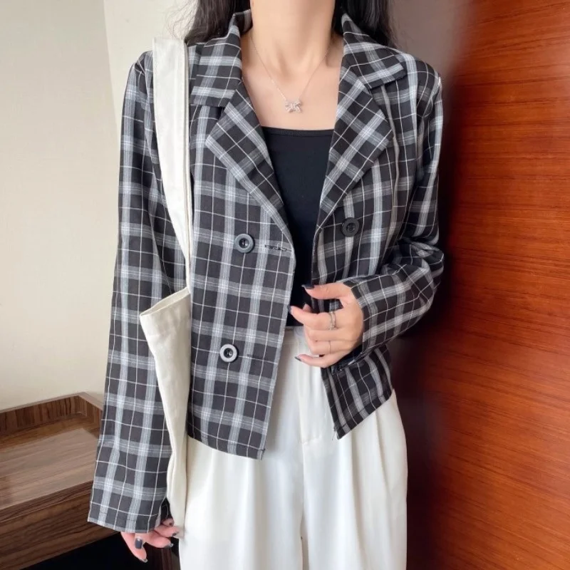 Женский дизайнерский клетчатый костюм короткое пальто с длинным рукавом