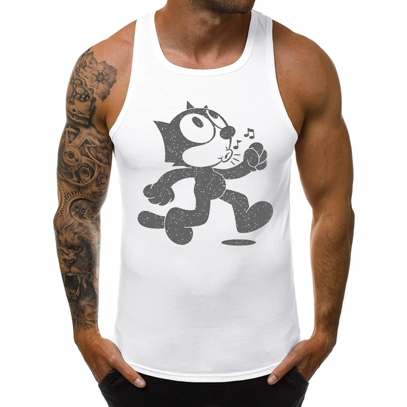 

Retro Faded Cat Design Men Tank Tops Vintage Funny Cat Printed Sleeveless Garment Singlet Casual Clothing Fashion Cool Vest