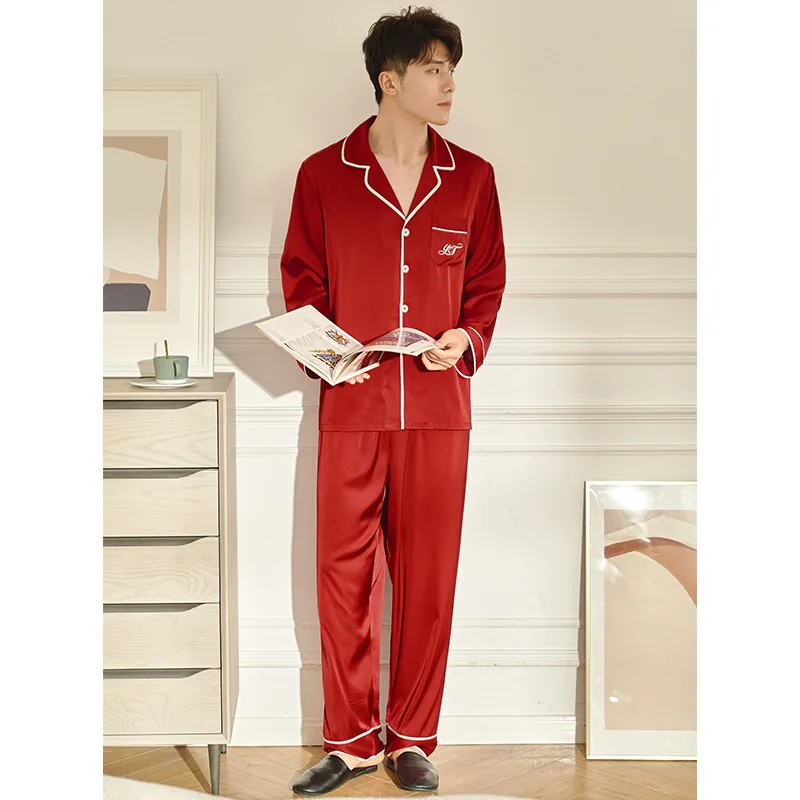 

Silk Pyjamas Men New Satin Pajamas Men Spring Summer Pyama Mannen Long Sleeve Ensembles Pour Hommes Printed Home Service Set