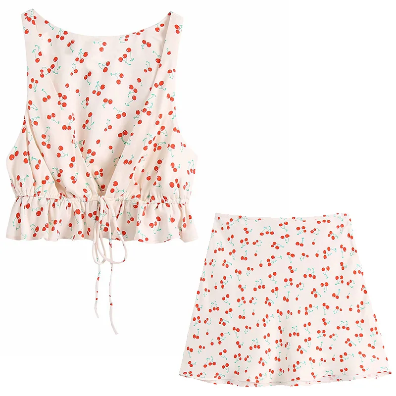 

Женский комплект из 2 предметов с принтом, Укороченная рубашка с V-образным вырезом и короткая юбка, модный шикарный женский повседневный ко...