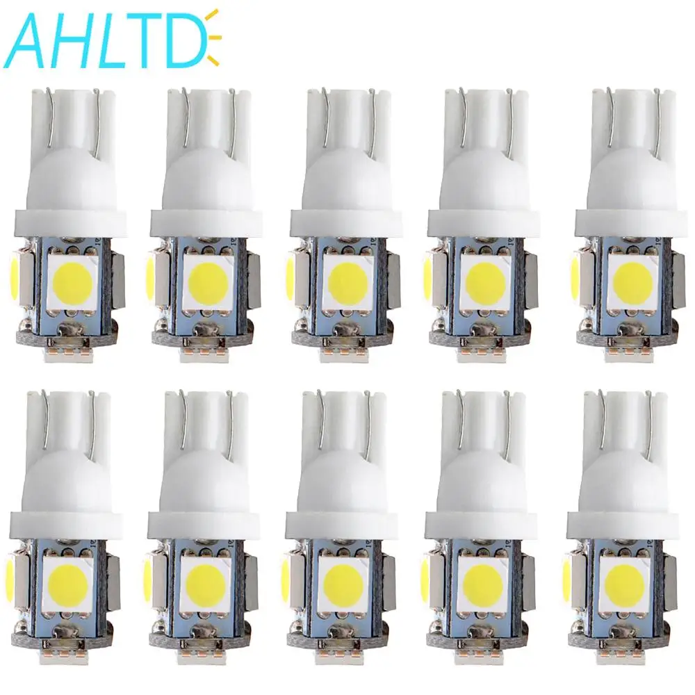 10 шт., Автомобильный светодиодный светильник T10 W5W 5050 5SMD, белый, красный, синий, клиновой светильник 168, 194, 192, DC 12 В, лампы для номерного знака, габаритный светильник, лампа для чтения, купольная лампа