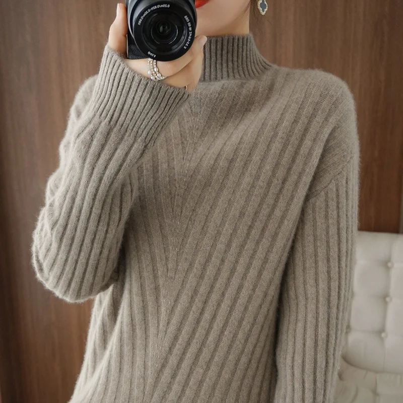 Women Winter Sweater Clothes Set Thicken Half High Collar Cashmere Female Autumn and Winter The New Loose Keep Warm 100% Wool