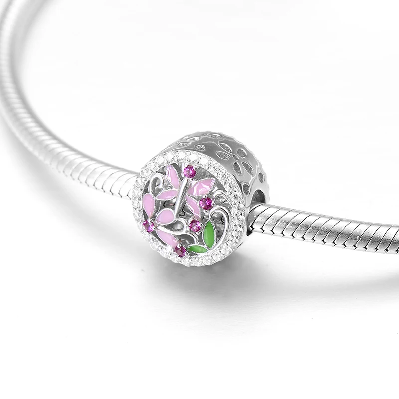 Hot 925 Sterling Silver pink butterfly dance pattern round fine Beads Fit Original European Charm Bracelet Jewelry making | Украшения и
